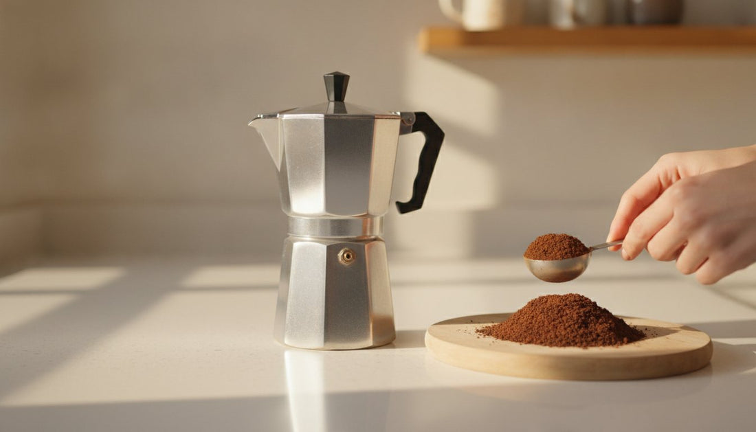 A gleaming, silver-colored six-cup moka pot sits on a minimalist white countertop, illuminated by soft morning light.