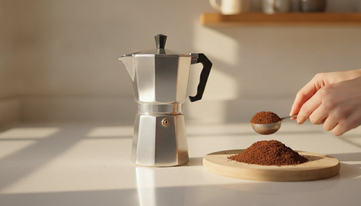 A gleaming, silver-colored six-cup moka pot sits on a minimalist white countertop, illuminated by soft morning light.
