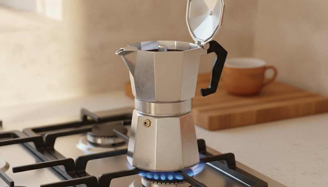 A landscape shot from a slight overhead angle shows a classic silver aluminum 6-cup moka pot sitting on a gas stovetop.