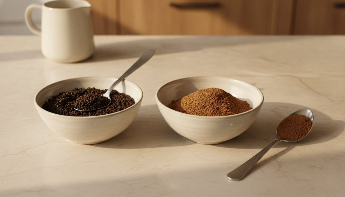 A flat lay, eye-level shot on a neutral-colored kitchen counter features two small, identical ceramic bowls.