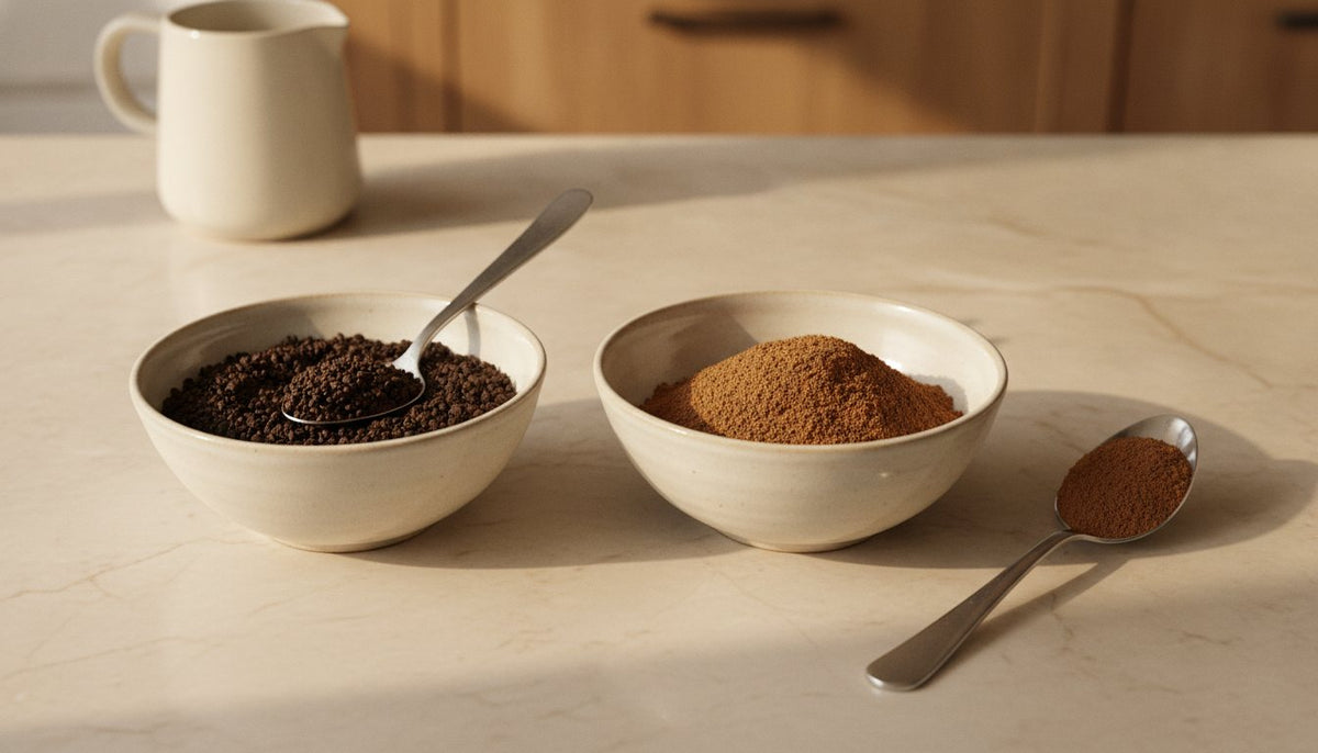 A flat lay, eye-level shot on a neutral-colored kitchen counter features two small, identical ceramic bowls.