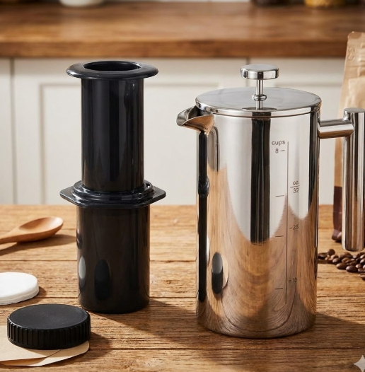 8 cup french press made of stainless steel next to a small aeropress black plastic brewer
