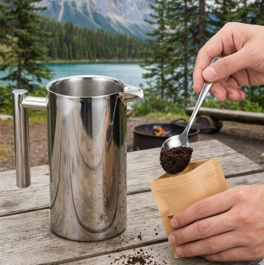 Backpacking coffee press being cleaned according to Leave No Trace principles