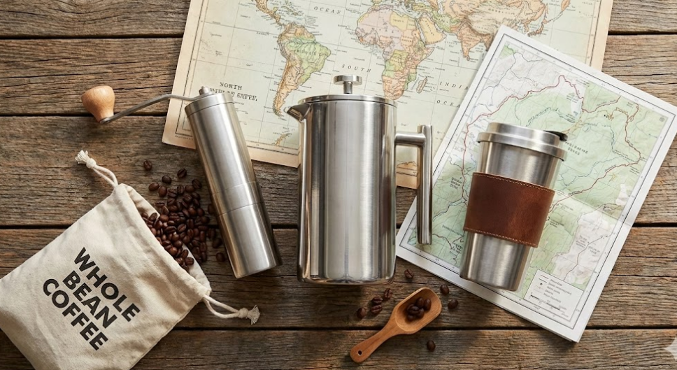 The ultimate french press coffee mug travel kit including stainless steel press and manual grinder.