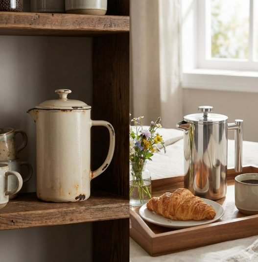 Durability comparison showing a chipped cast iron french press versus a durable stainless steel press.