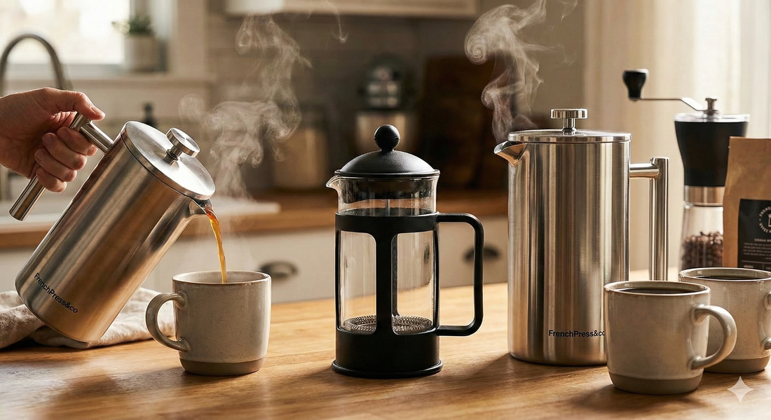A blog hero photograph contrasting a cooling glass 17 ounce french press with a thermometer reading 90°F against steaming FrenchPress&co stainless steel presses in personal and duo sizes.