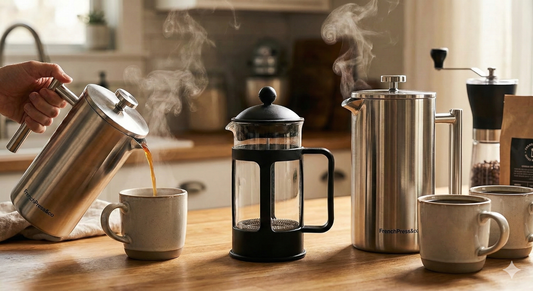 A blog hero photograph contrasting a cooling glass 17 ounce french press with a thermometer reading 90°F against steaming FrenchPress&co stainless steel presses in personal and duo sizes.