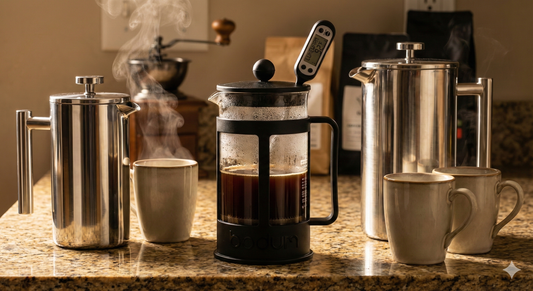 A warm, sunlit kitchen scene featuring the polished FrenchPress&co stainless steel press (the durable 34oz alternative to a standard glass 32 ounce french press) surrounded by three steaming mugs, coffee beans, and a manual grinder on a wooden island.