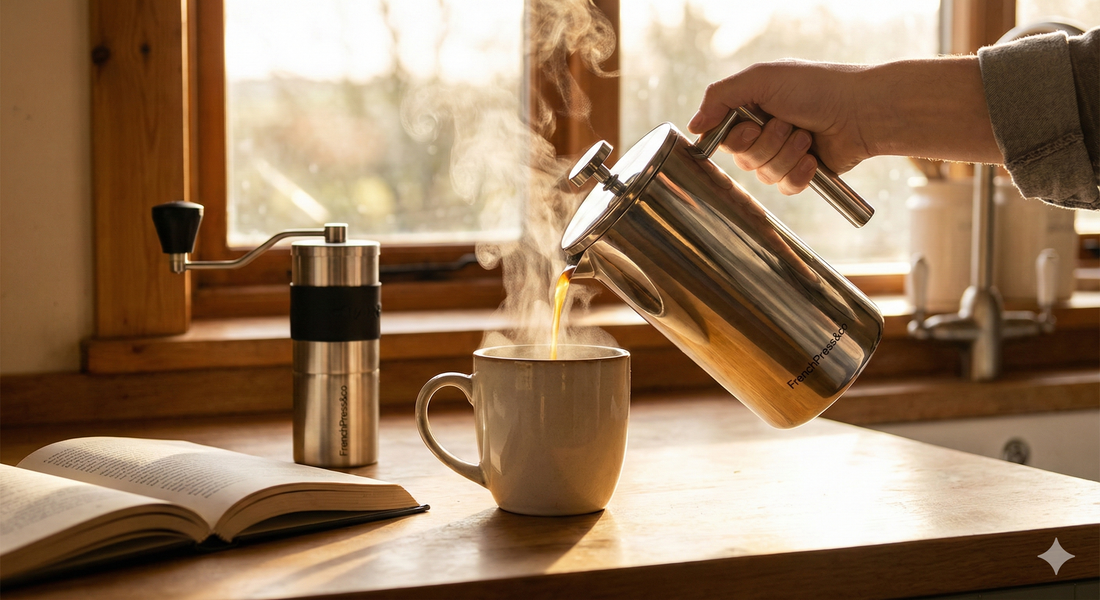 A warm blog cover photograph showing coffee being poured from a steaming FrenchPress&co 12oz stainless steel press into a single large mug in a sunlit kitchen, illustrating the perfect personal serving size.