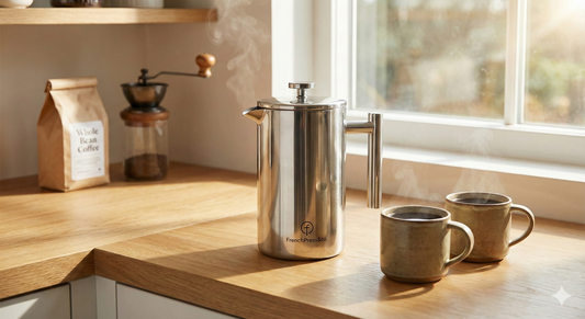 A sunlit kitchen counter scene featuring a steaming FrenchPress&co 1L stainless steel french press next to two filled ceramic mugs, with a manual grinder and whole beans in the background.