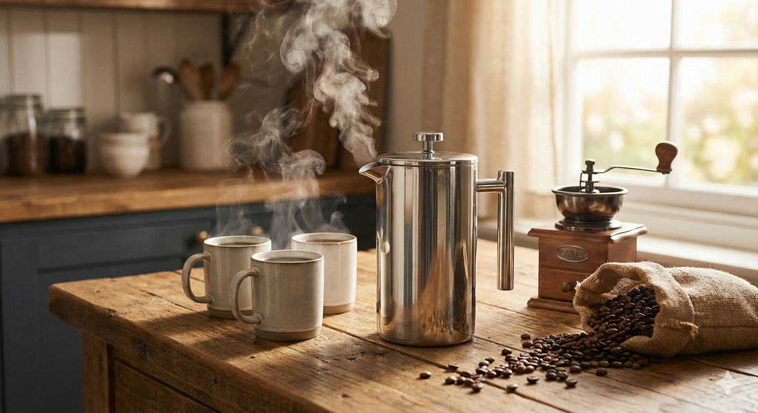A warm blog cover photo showing the steaming FrenchPress&co 34 oz stainless steel coffee press on a rustic wooden counter, surrounded by three filled mugs, a manual grinder, and scattered beans in a sunlit kitchen.