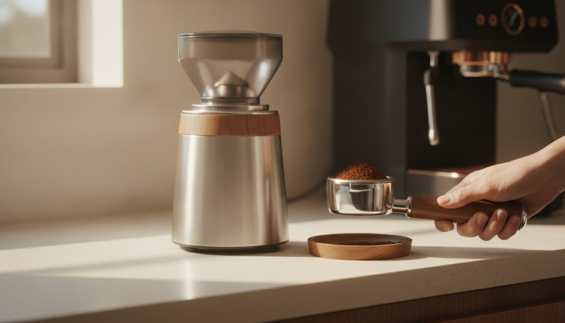 A sleek, modern burr grinder stands prominently on a minimalist kitchen counter, next to a gleaming portafilter filled with finely ground co