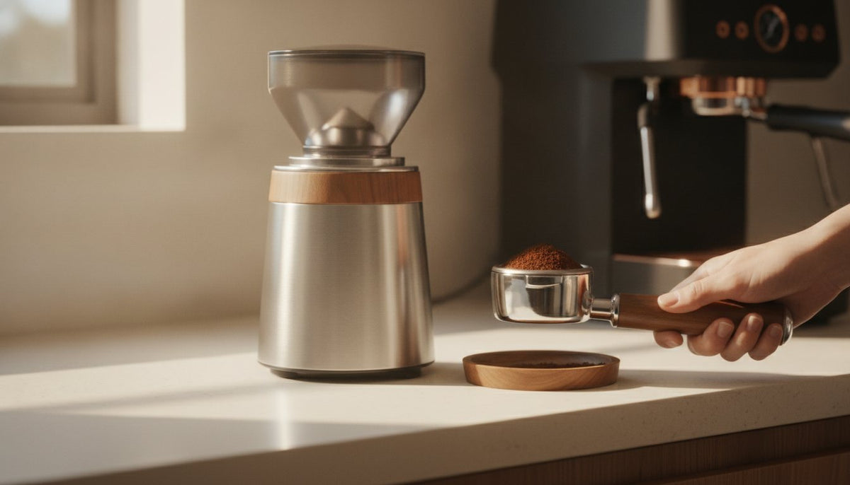 A sleek, modern burr grinder stands prominently on a minimalist kitchen counter, next to a gleaming portafilter filled with finely ground co