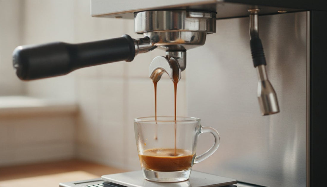 A close-up, eye-level shot of a sleek, stainless steel bottomless portafilter locked into the group head of a modern, home espresso machine.