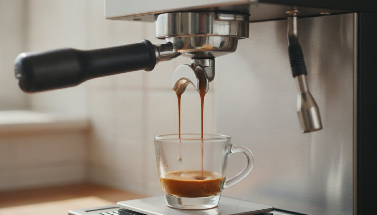 A close-up, eye-level shot of a sleek, stainless steel bottomless portafilter locked into the group head of a modern, home espresso machine.