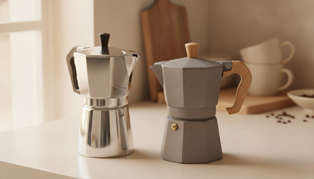 A high-angle, landscape shot of two different stovetop coffee makers side-by-side on a kitchen counter.