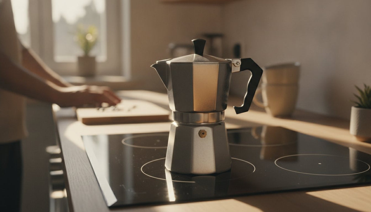 A warm, inviting kitchen scene with a classic silver moka pot sitting squarely on a radiant glass-top stove.