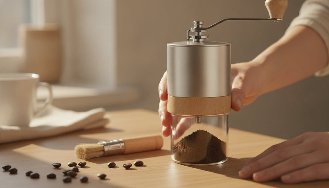 A pristine, unbranded burr coffee grinder sits on a clean wooden countertop, bathed in soft morning light.