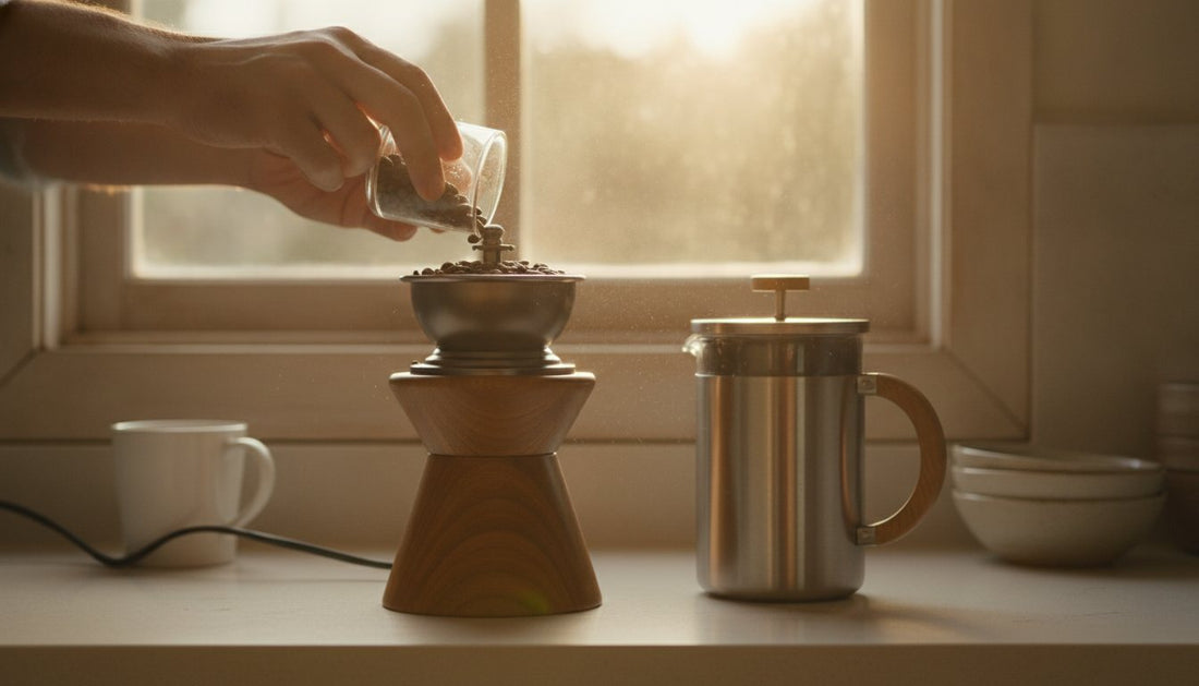 A burr grinder sits on a kitchen counter next to a French press.