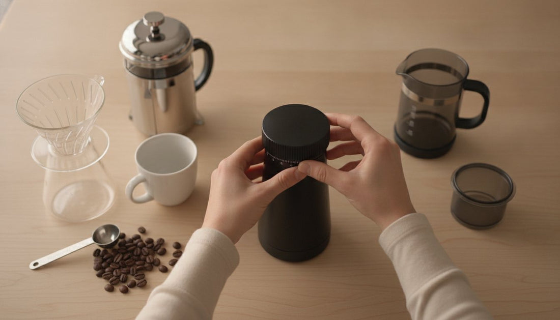A medium shot from above shows a pair of hands adjusting the grind collar on a black conical burr coffee grinder.