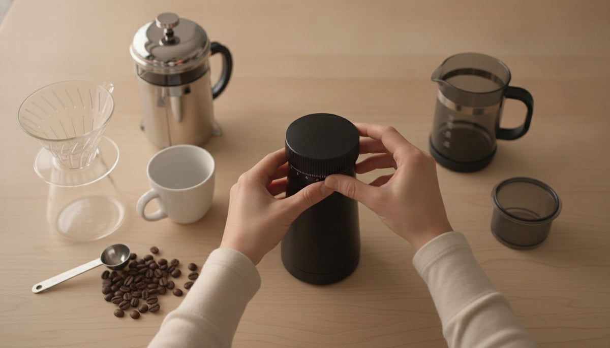 A medium shot from above shows a pair of hands adjusting the grind collar on a black conical burr coffee grinder.