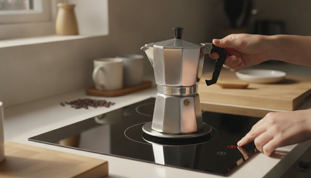 A gleaming aluminum moka pot sits on a black induction hob, with a thin, circular magnetic adapter disc placed underneath its base.
