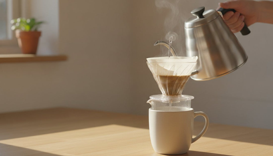 A sleek, modern gooseneck kettle, likely brushed stainless steel or matte black, sits on a minimalist wooden countertop next to a pour-over 