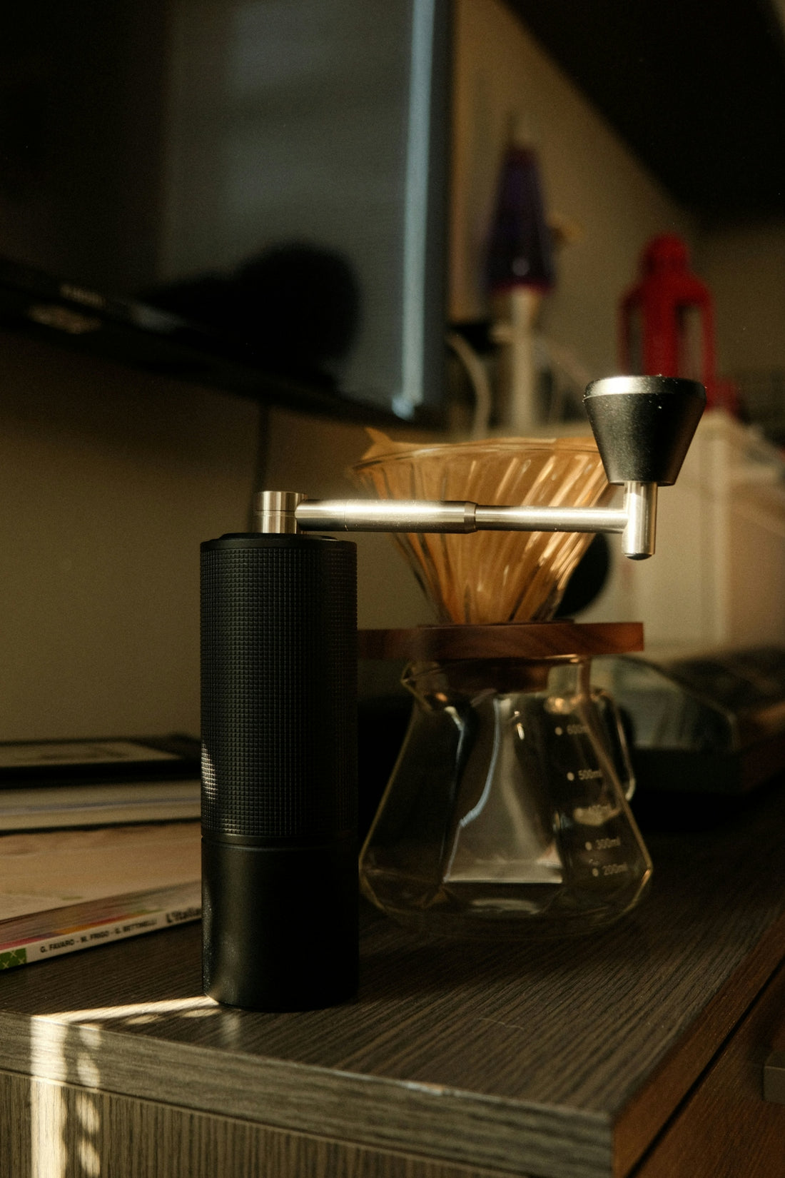 Coffee grinder and pour over equipment ready to brew.