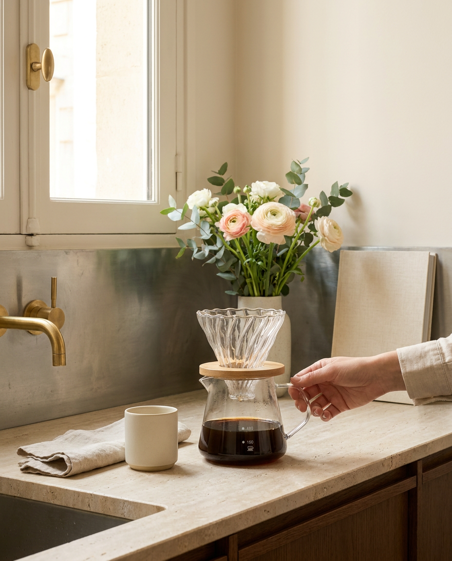 Toscana glass pour-over set with a bamboo collar, a plastic free pour over coffee maker