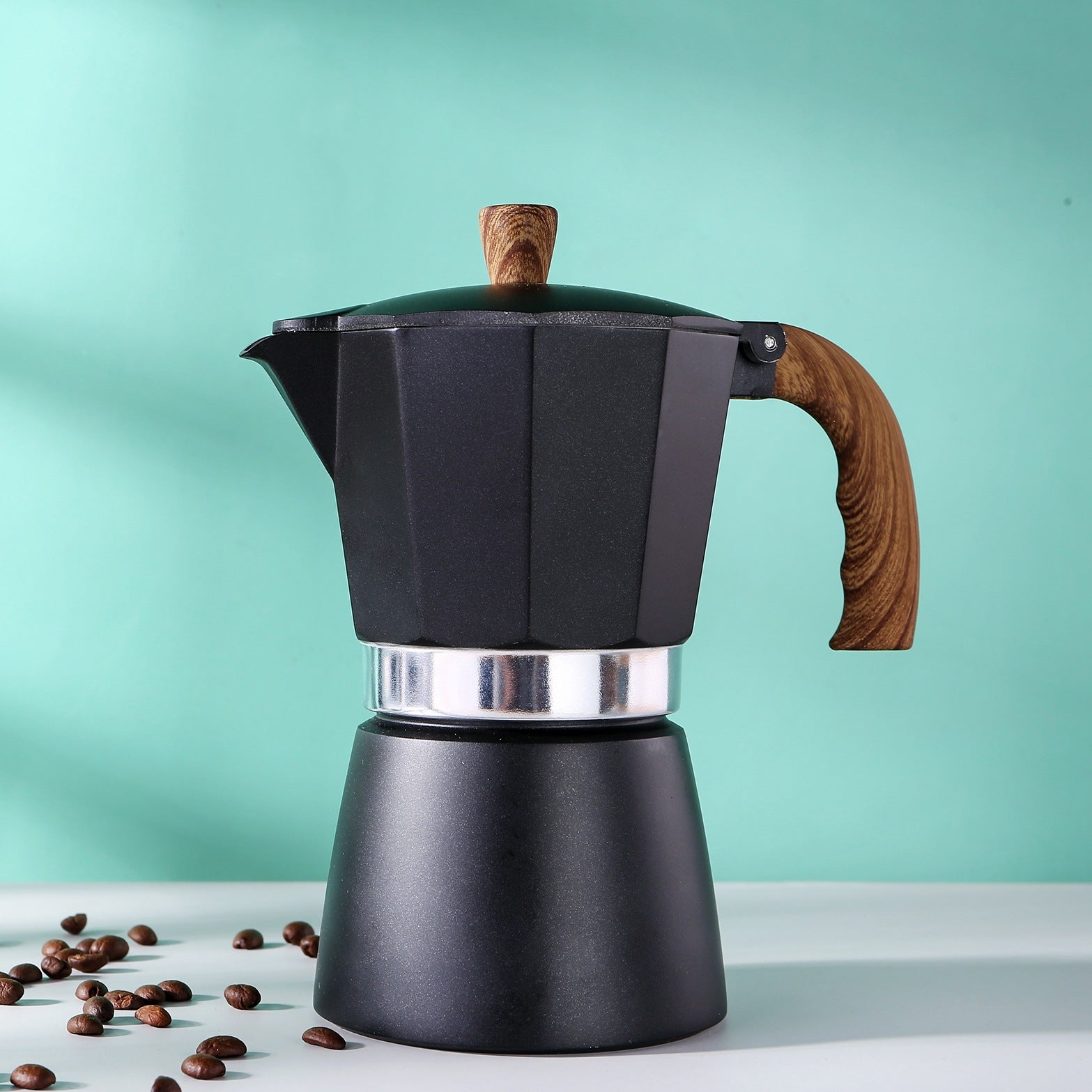 Bottega Wood-Handle Moka — scale reference