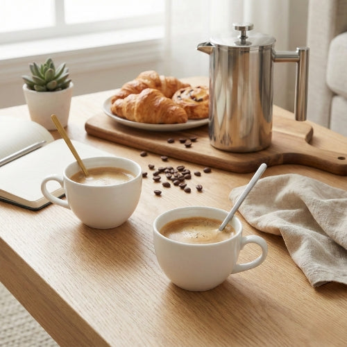 Cozy coffee table setting featuring two cups with gold and silver round spoons, a stainless steel French Press, pastries on a wooden board, and a notebook.
