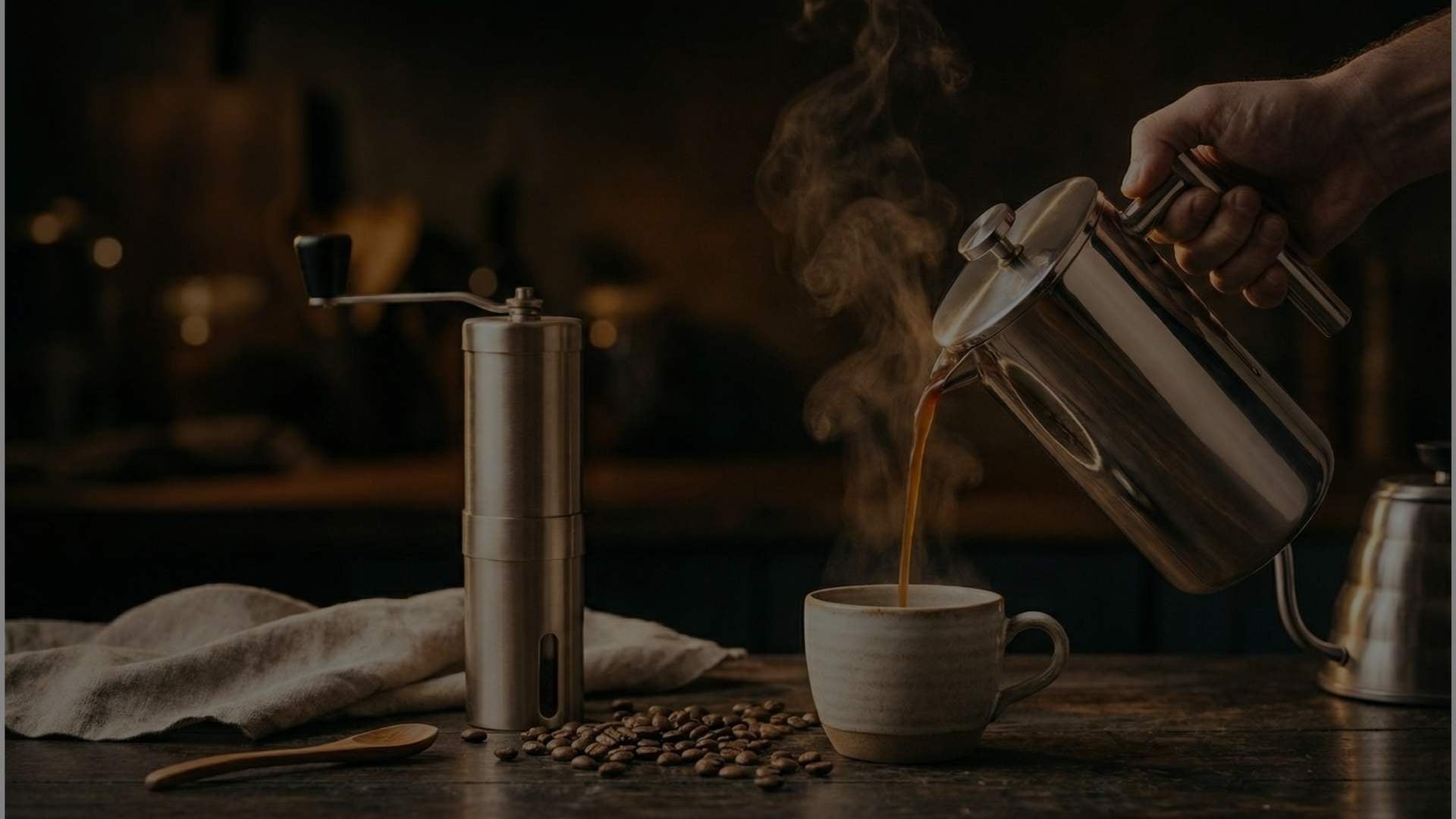 Hot coffee being poured from a premium surgical-grade stainless steel French press into a glass mug, with visible steam in a dark, luxurious setting.