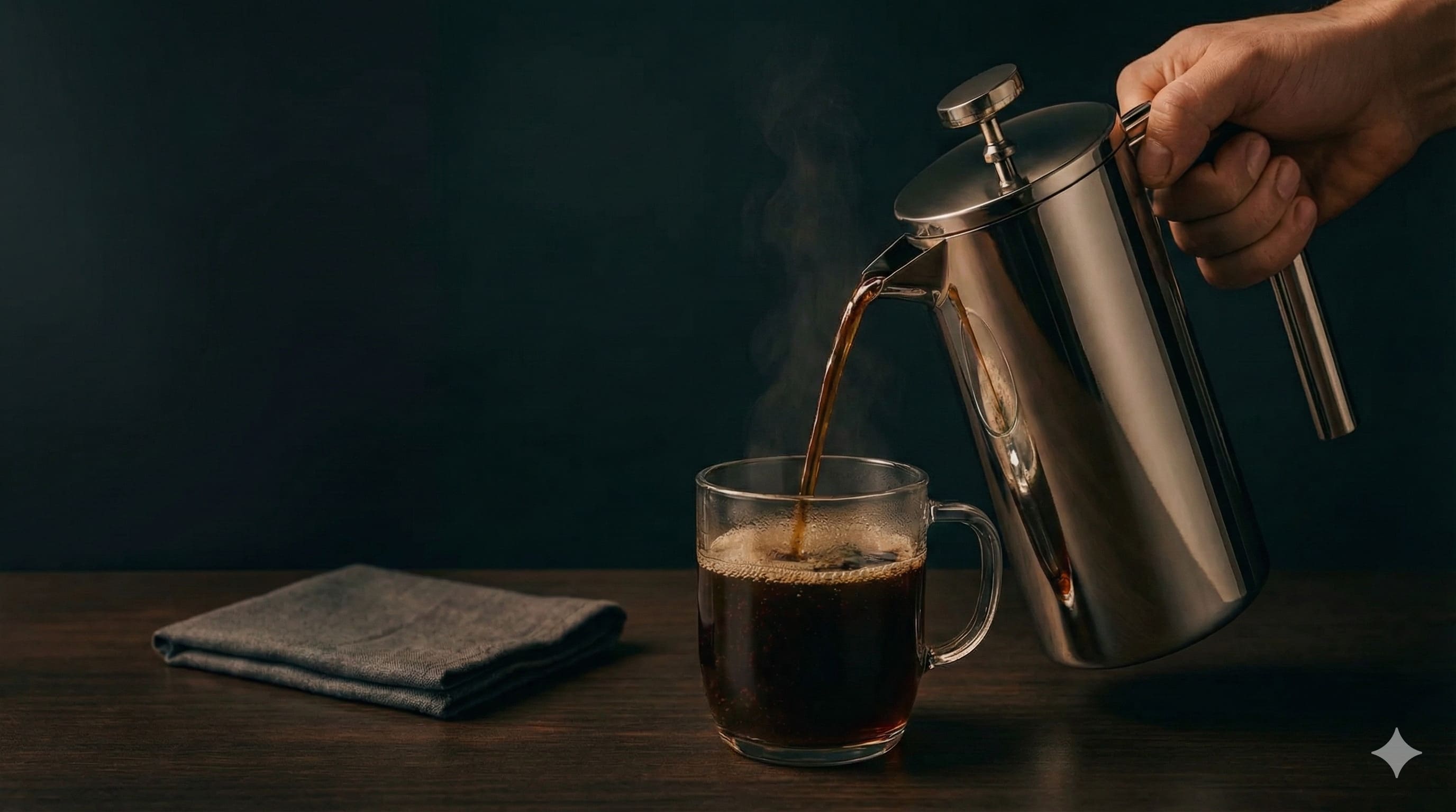 Hot coffee being poured from a premium surgical-grade stainless steel French press into a glass mug, with visible steam in a dark, luxurious setting.