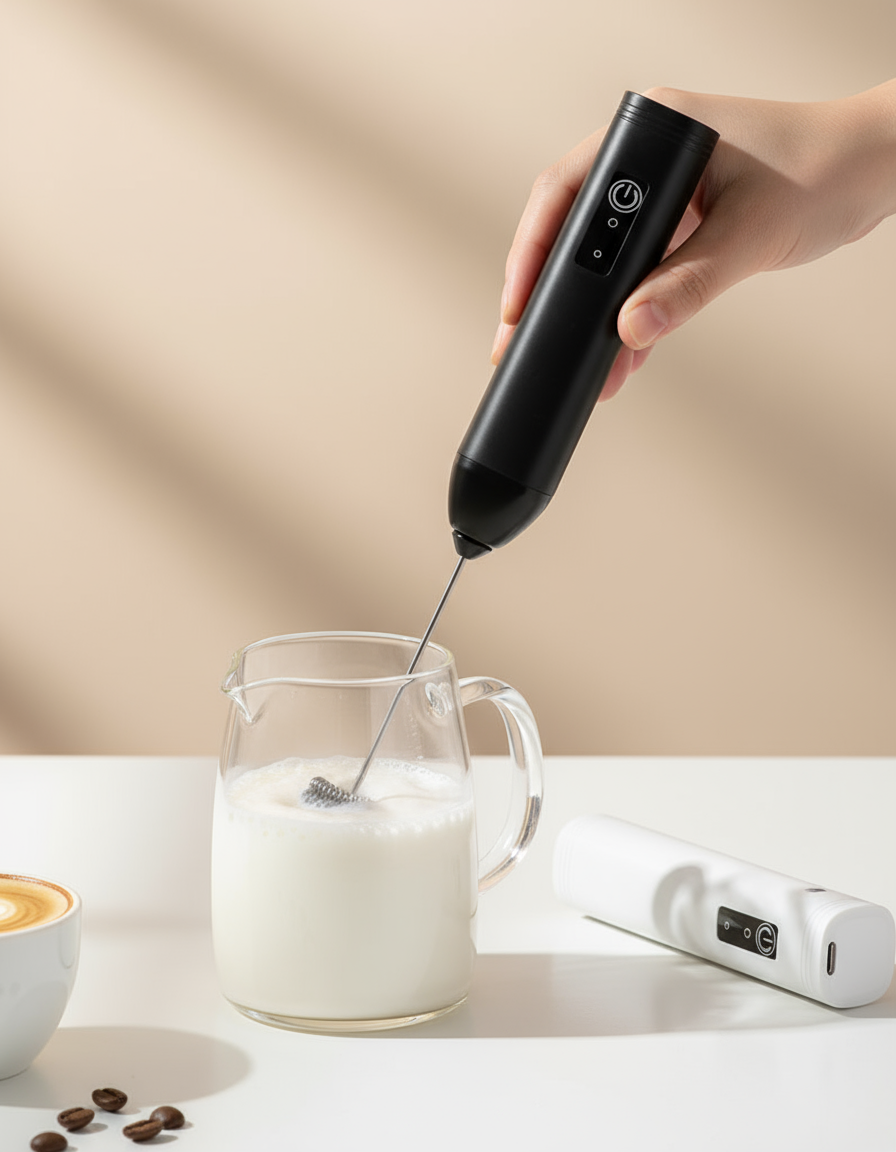 Person using stainless steel milk frother to create frothy milk for cappuccino in a glass cup