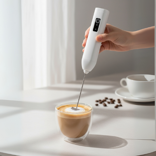 Compact white handheld milk frother with rechargeable battery and whisk attachment