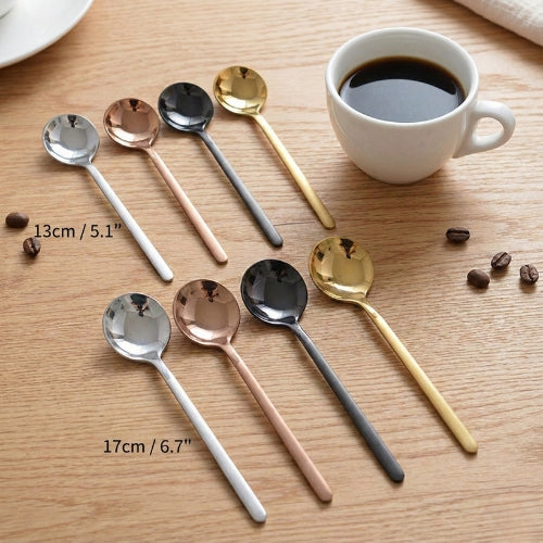 Size guide displaying round coffee spoon sets with dual measurement annotations (13cm / 5.1\" and 17cm / 6.7\") placed next to a reference cup for scale