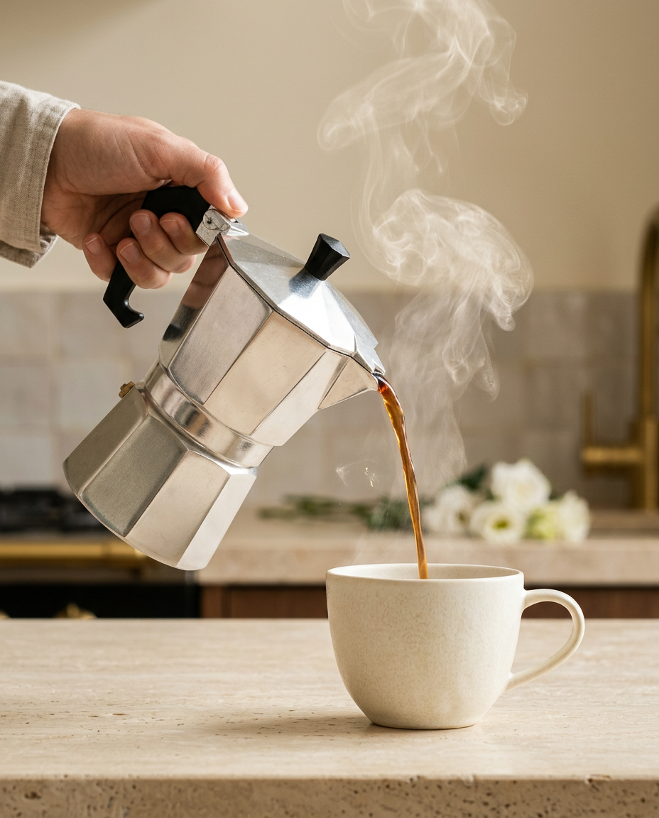 Atelier Stovetop Moka, 6-Cup — action_steam_pour