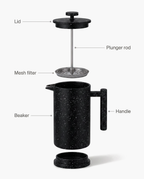 Atelier Wood Press, stainless steel French press with wood handle, parts diagram