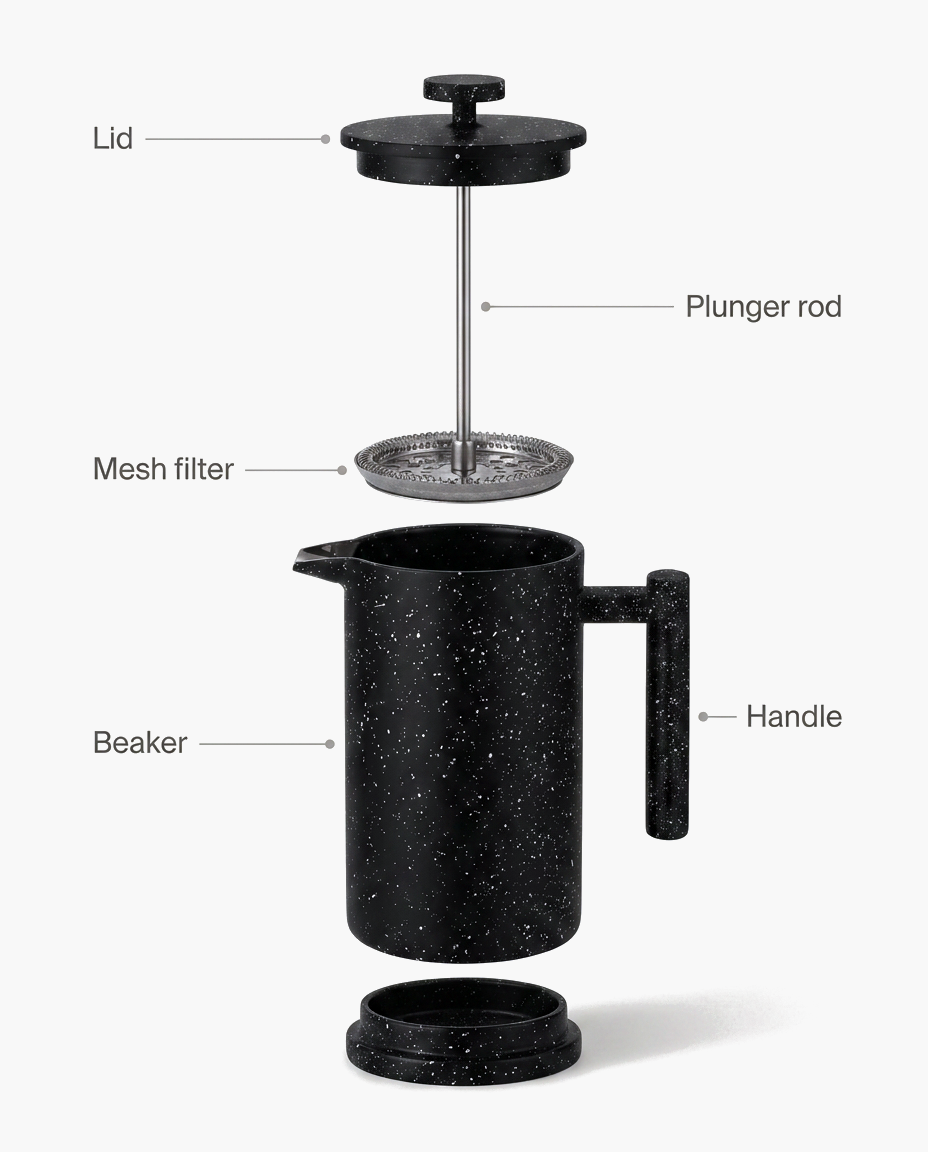 Atelier Wood Press, stainless steel French press with wood handle, parts diagram