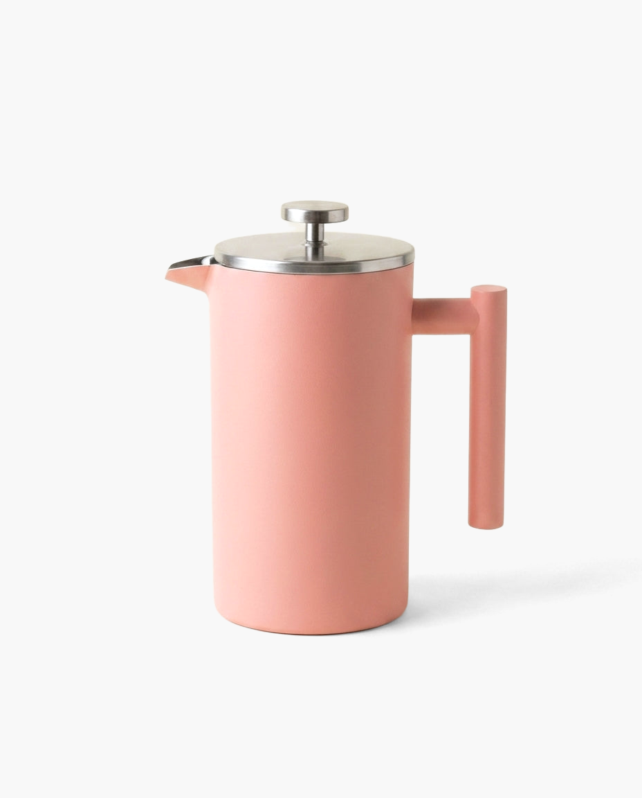 Atelier Wood Press, stainless steel French press with wood handle, peach pink finish
