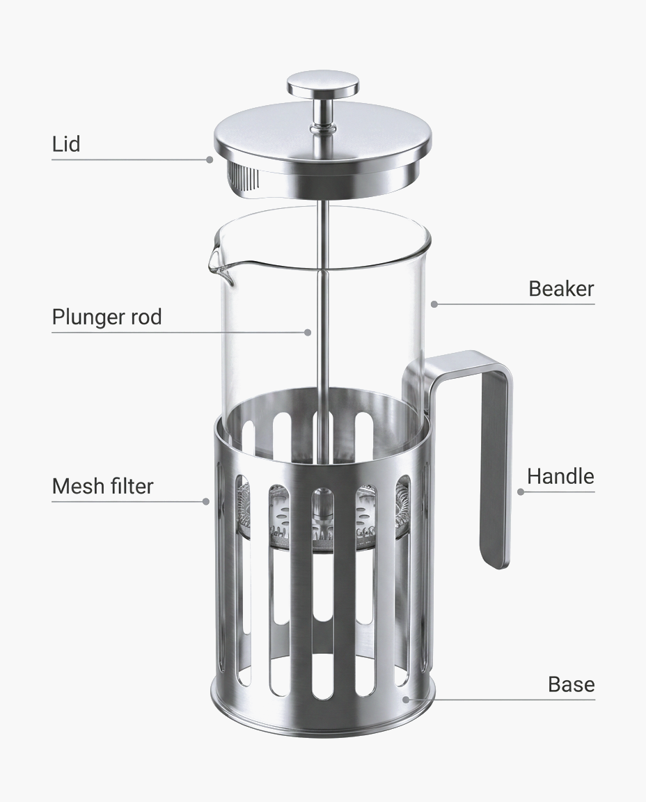 Bench Stainless Press, glass French press in a stainless steel shell, parts diagram