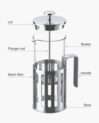Bench Stainless Press, glass French press in a stainless steel shell, parts diagram