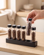 Bottega Bean Curator, lifting a vial of coffee beans from the rack