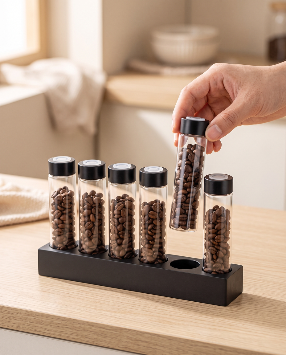 Bottega Bean Curator, lifting a vial of coffee beans from the rack