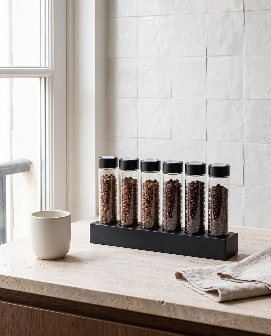 Bottega Bean Curator on a travertine kitchen counter