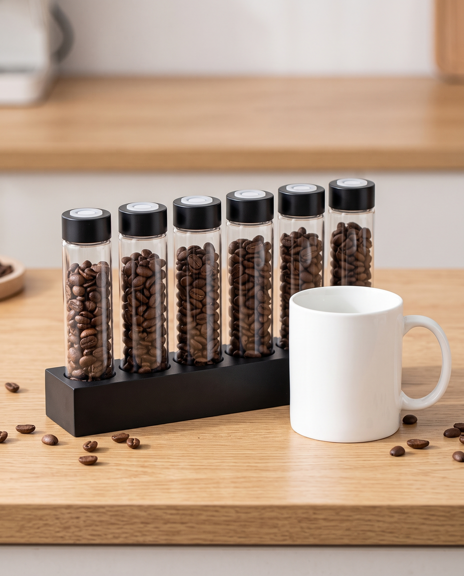 Bottega Bean Curator next to a coffee mug, size reference