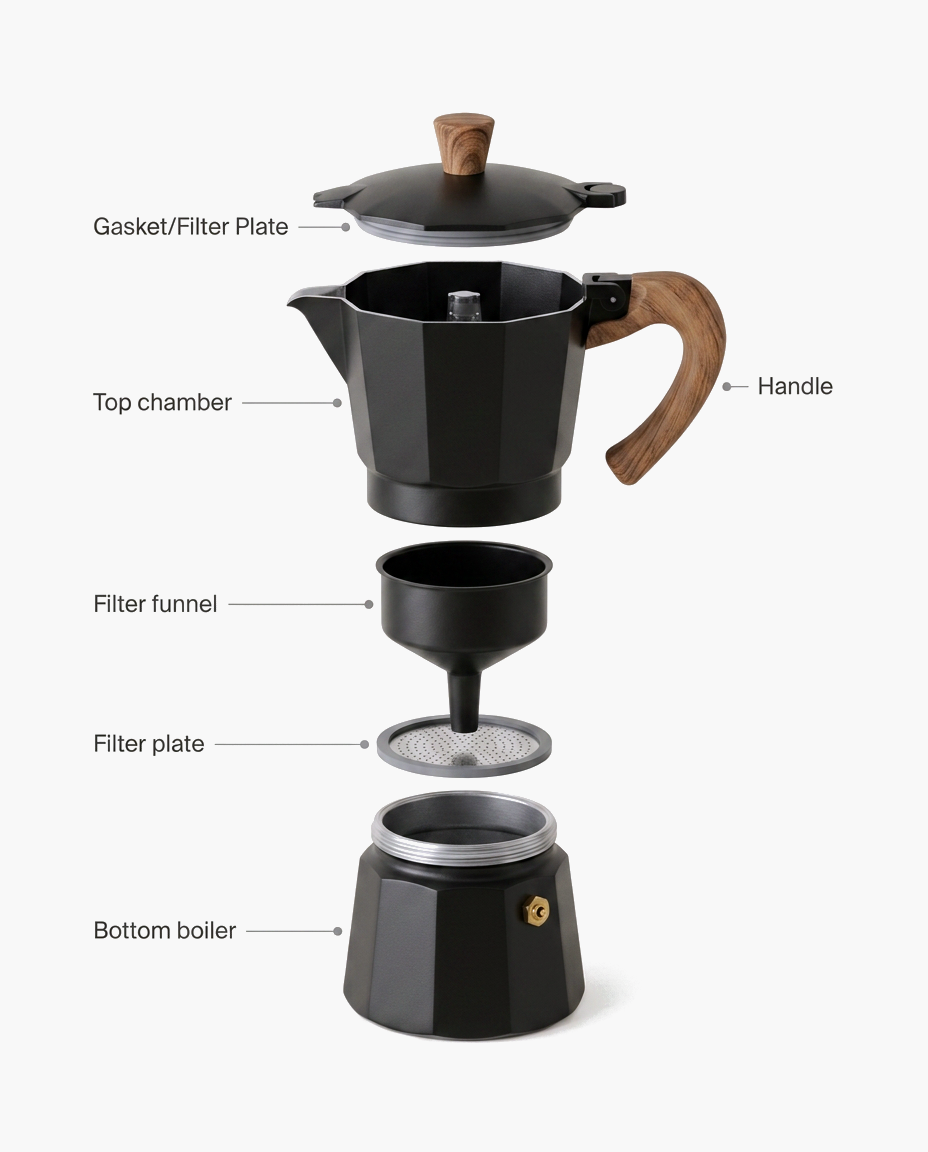 Bottega Wood-Handle Moka, parts diagram
