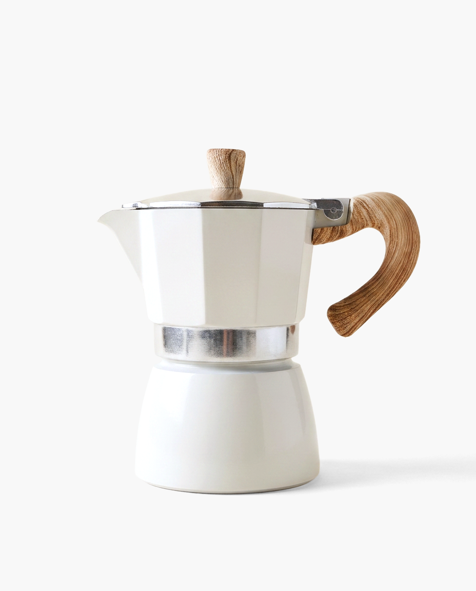 Bottega Wood-Handle Moka in White, studio photo