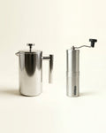 The Brew Kit: Signature stainless steel French press and Precision manual burr grinder in brushed silver