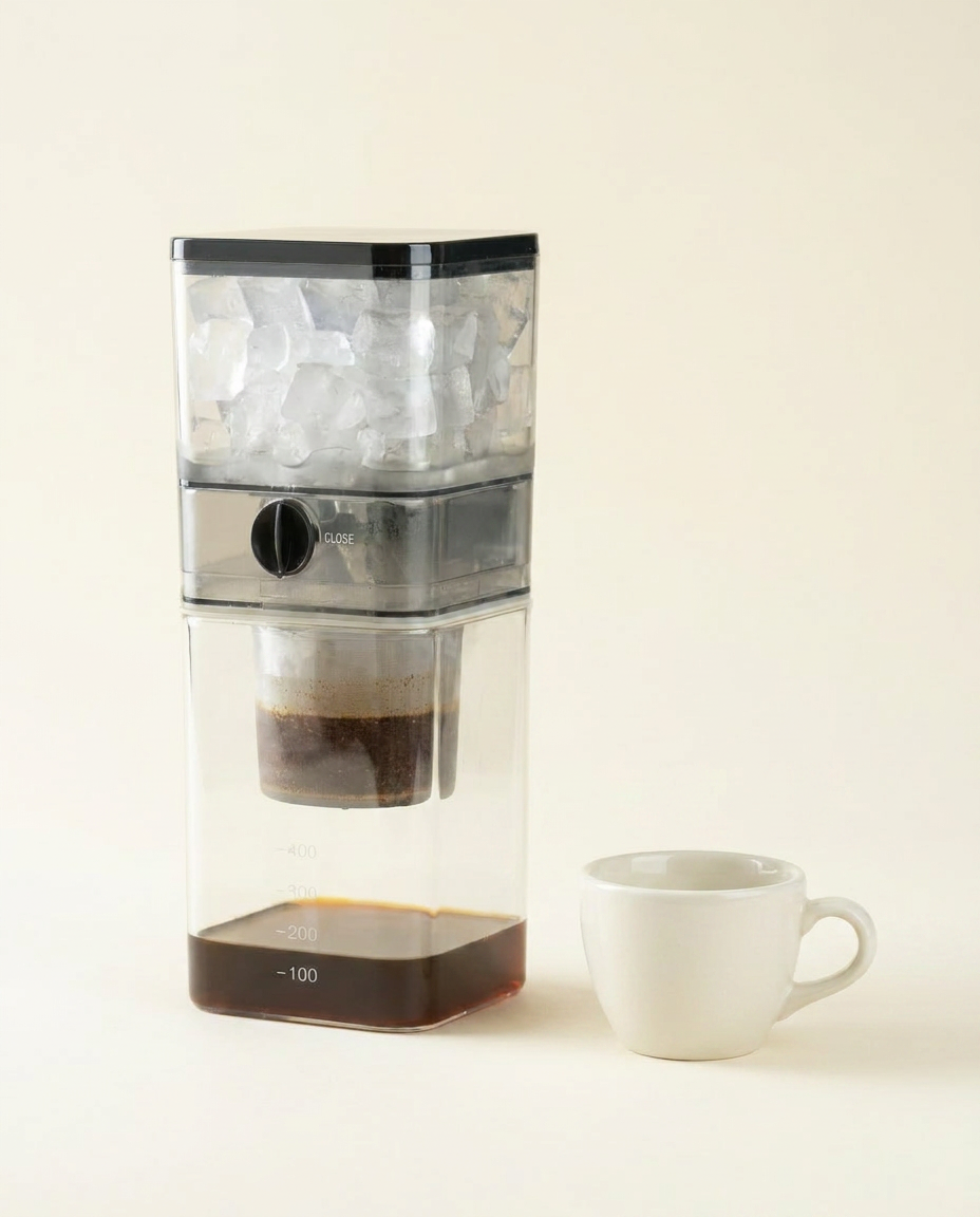 Clear plastic cold brew coffee maker with ice and coffee grounds, next to a white cup